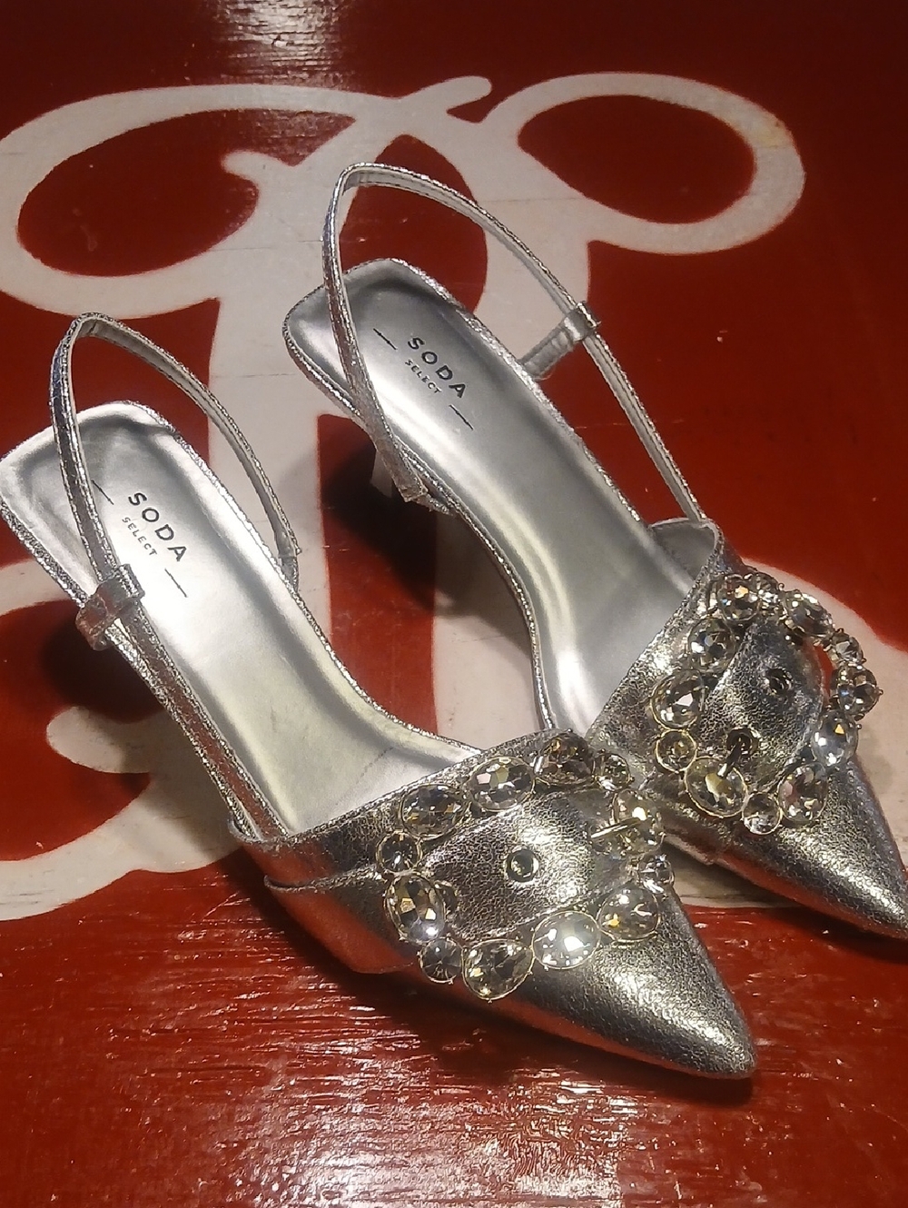 Soda Silver Embellished Slingback Heels
